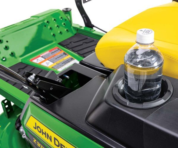Image of the cup holder and feet deck on the John Deere Z370R Electric ZTrak Zero Turn lawn mower.