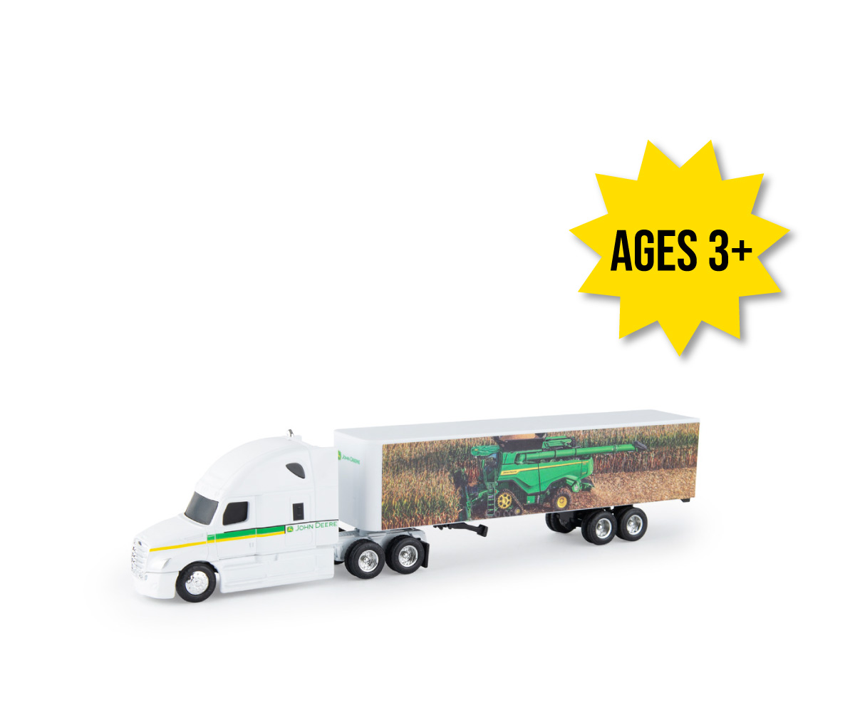 LP82769-1-64-Scale-John-Deere-Freightliner-Semi-with-Combine-Graphics-Trailer-Toy-Set