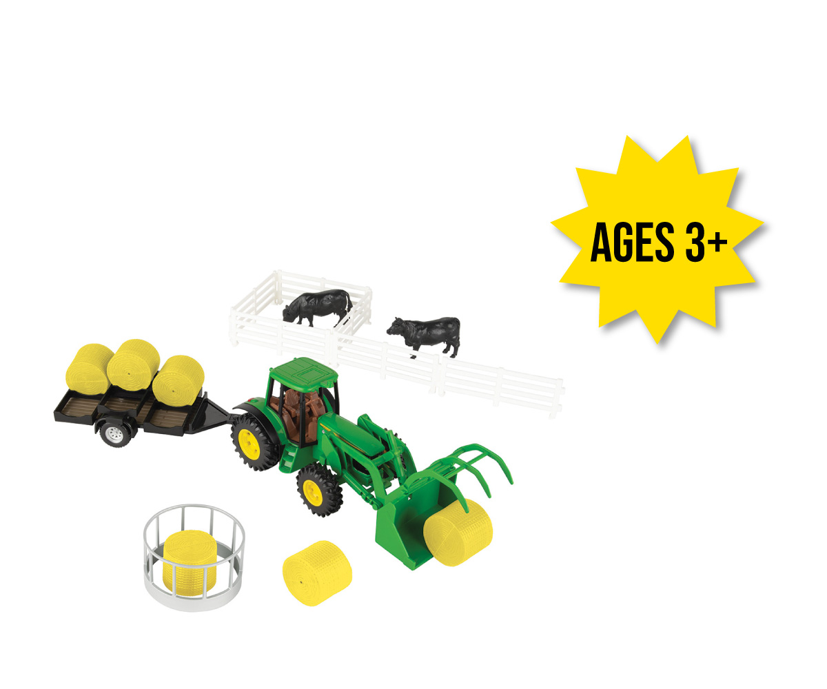 LP84319-1-32-Scale-John-Deere-21-Piece-Toy-Haying-Set Image of a 1/32 scale John Deere 21 piece toy haying set.